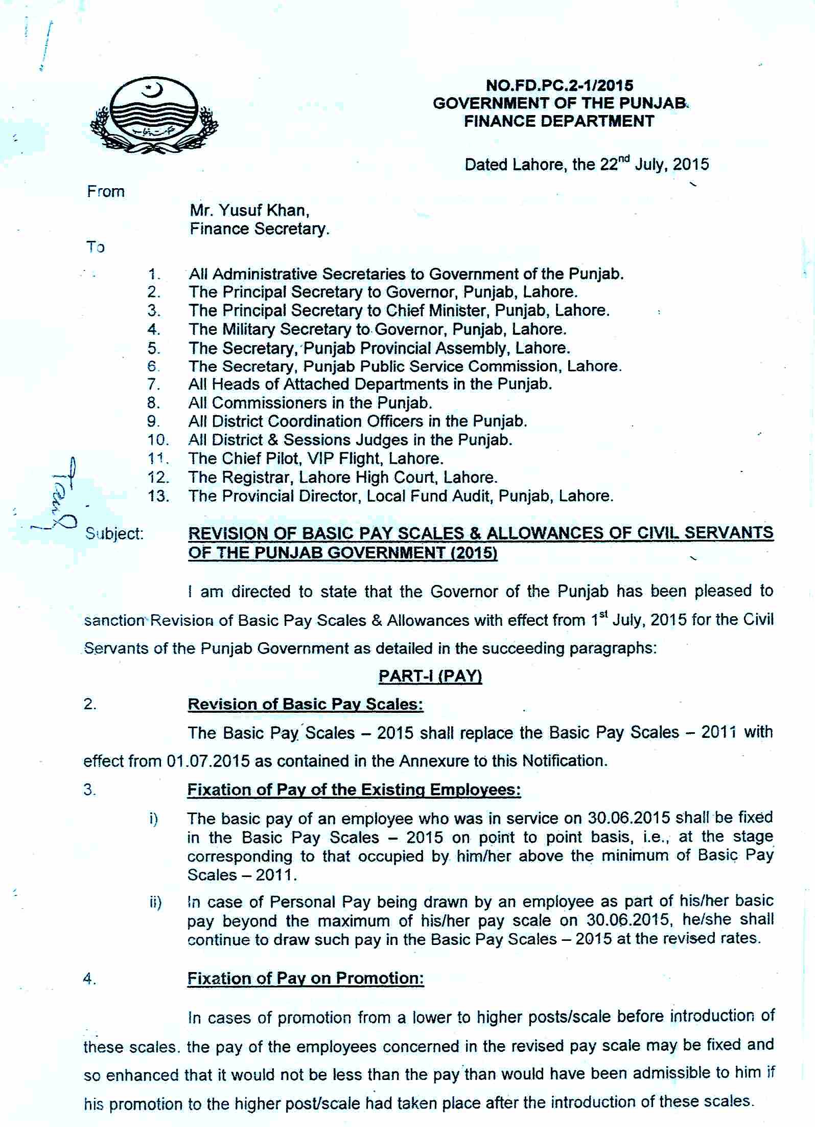 Govt. of Punjab has issued 2015 Revised Pay Scale Notifiation NO.FD.PC